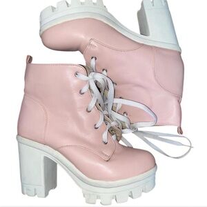 pink platform boots white heels lace up